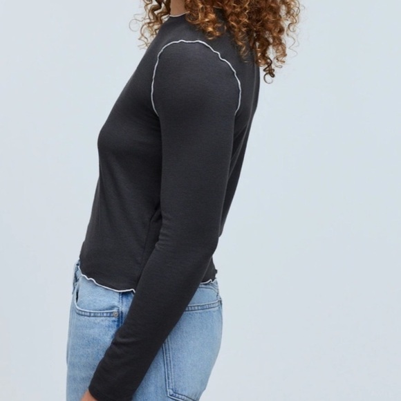 New Madewell Contrast Stitched Crewneck Crop Lightweight Tee Shirt Black Coal M - Picture 4 of 11